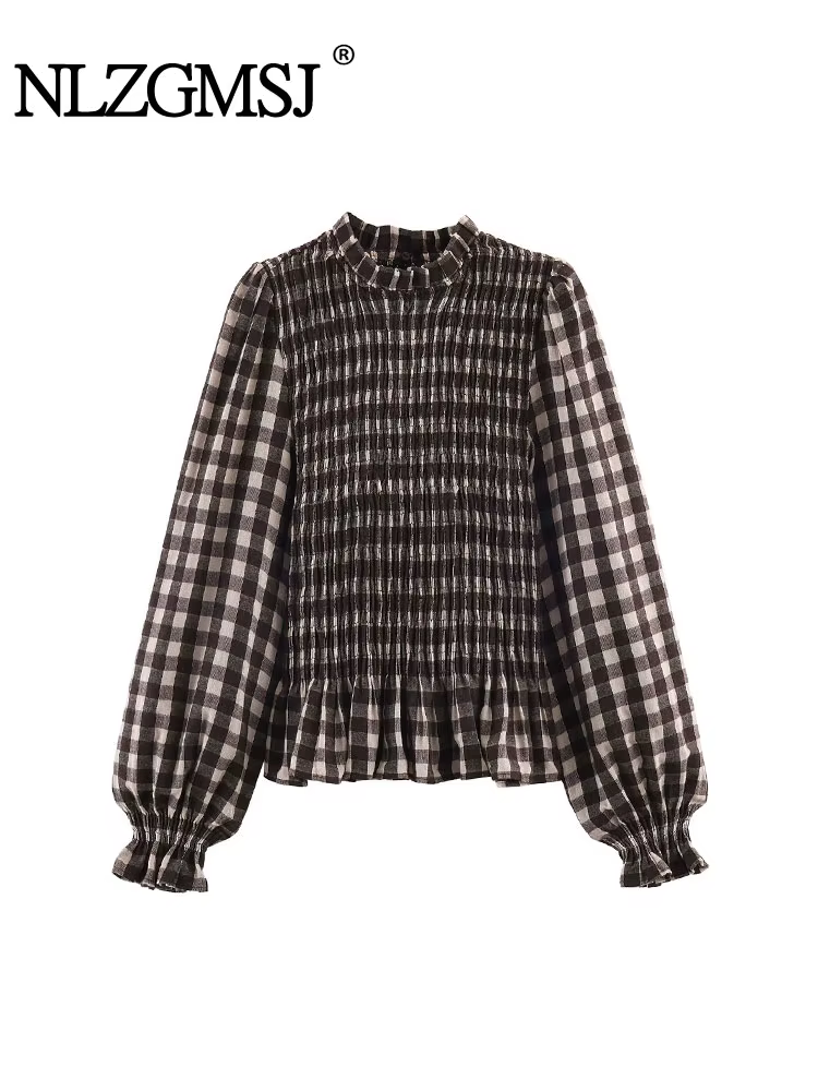 Nlzgmsj 2025 Vintage Chic marron chemises à carreaux femmes à manches longues Blouses pli mode décon