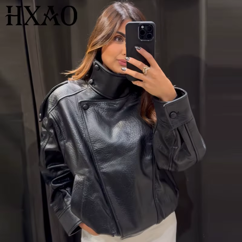 HXAO Faux cuir noir vestes pour femme nouveauté recadrée surdimensionné Bomber veste fermeture éclai