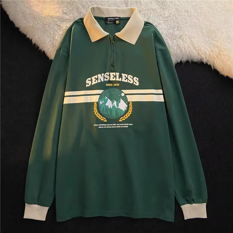Sweat-shirt Vintage à Col Polo avec Lettres Imprimées pour Femme, Surdimensionné, Harajuku, Vêtement