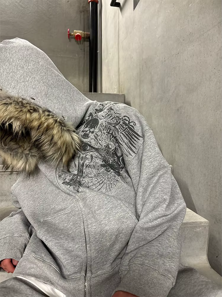 Hoodies zippés pour femmes, style Y2K, esthétique Harajuku, avec col en fausse fourrure, graphiques