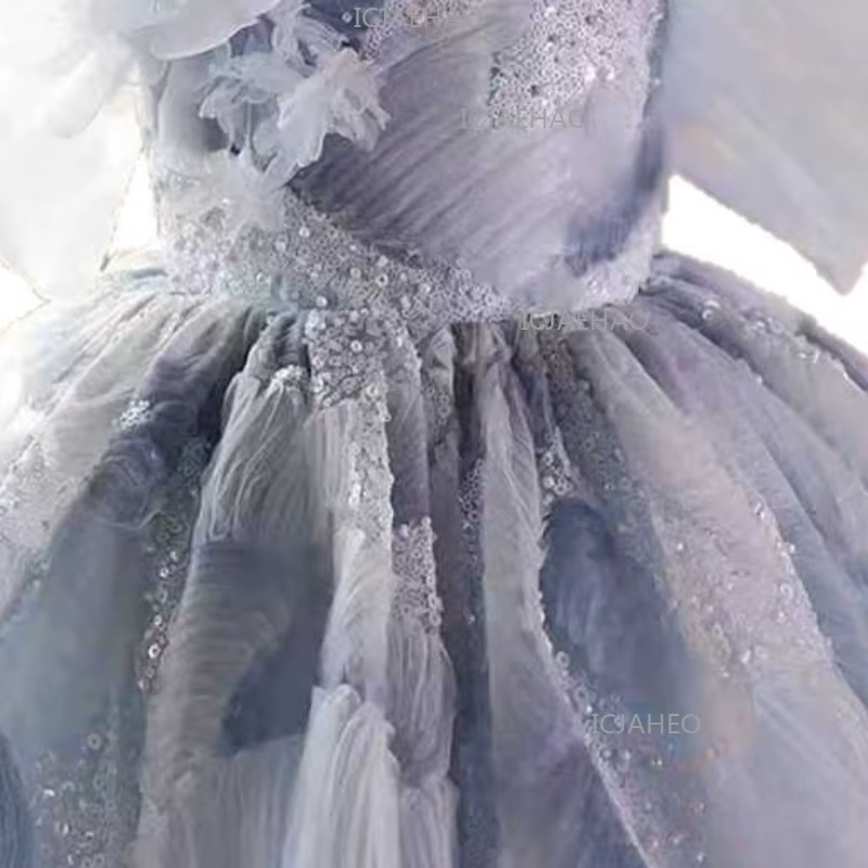 Robe de princesse élégante bleue à manches courtes pour filles 2026, robe de soirée formelle à sequi