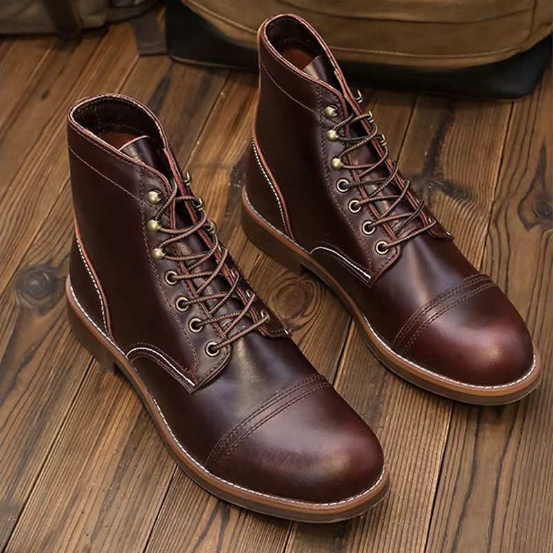 Amekaji Bottes de moto en cuir vintage, bottes du désert à bout pointu véritable avec semelle épaiss