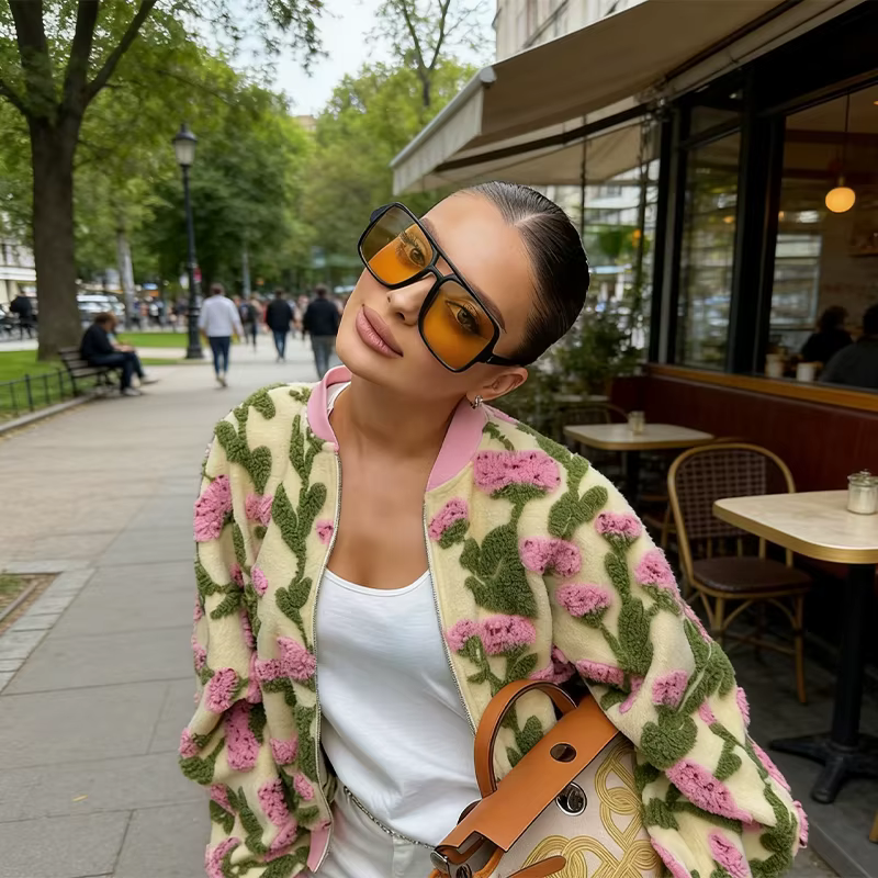 Blouson bomber chic et tendance en polaire à motif floral, zippé, décontracté, pour femme, style rét