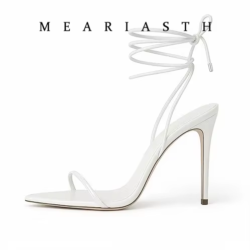 Sandales d'été blanches et noires à lacets pour femmes, chaussures à talons hauts en cuir, talons ai