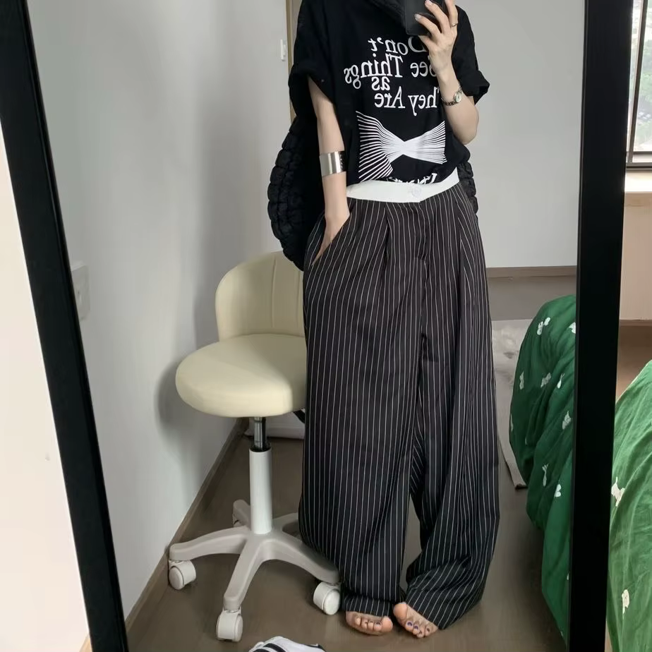 2025 printemps décontracté rayé imprimé taille haute jambe large Patchwork pantalon femmes Baggy mod
