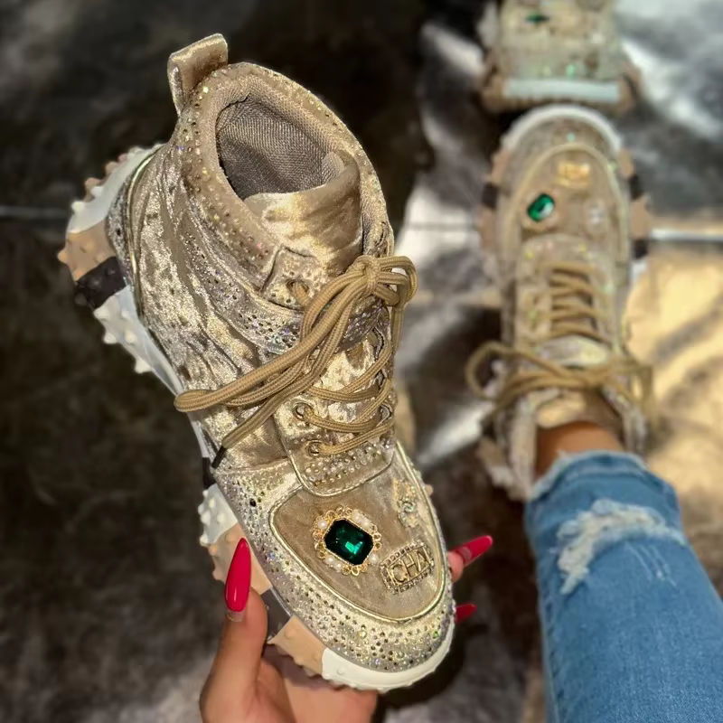 Femmes espadrilles décontractées bottes de créateur de luxe strass daim haut-haut chaussures à fond