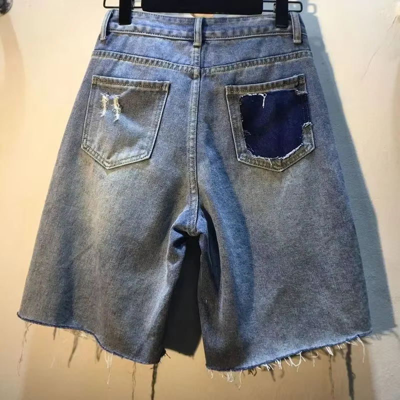 Pantalon court d'été pour femmes, taille haute, avec trous, extensible, en détresse, diamants délavé