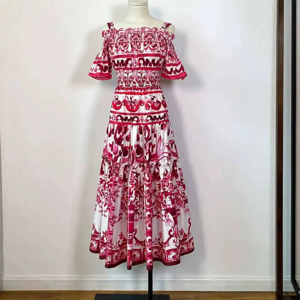 Robe mi-longue en coton bleu et blanc avec imprimé porcelaine pour femme, robe de créateur de piste