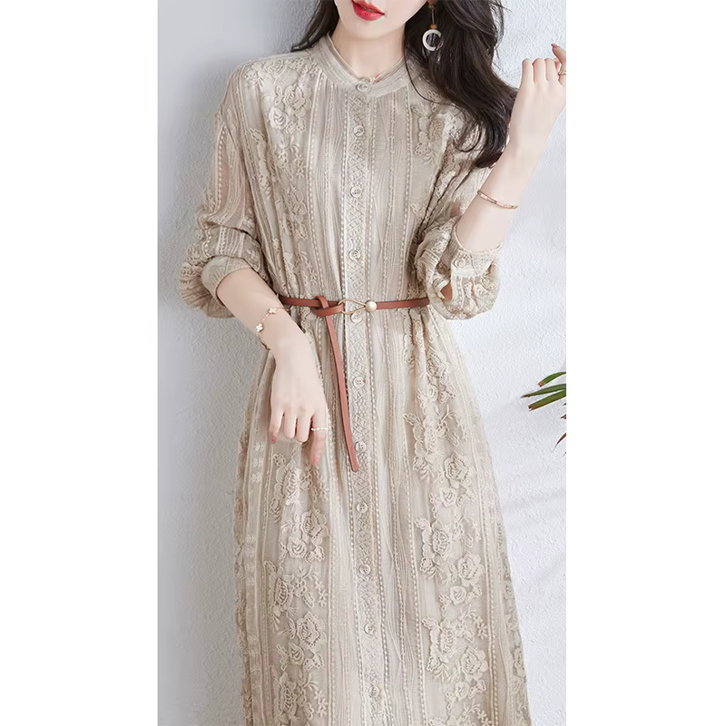 Birdtree-Robe mi-longue brodée en dentelle naturelle pour femme, robes taille haute à col rond, élég