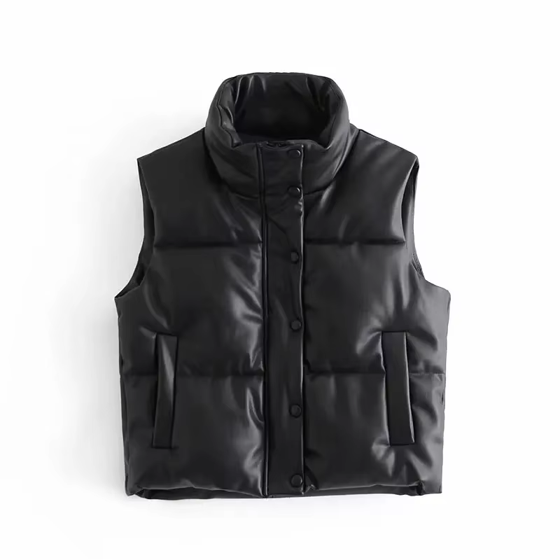 Veste en similicuir PU pour femme, gilet en duvet, PU noir, glaçure bouffante, parkas optiques, stre