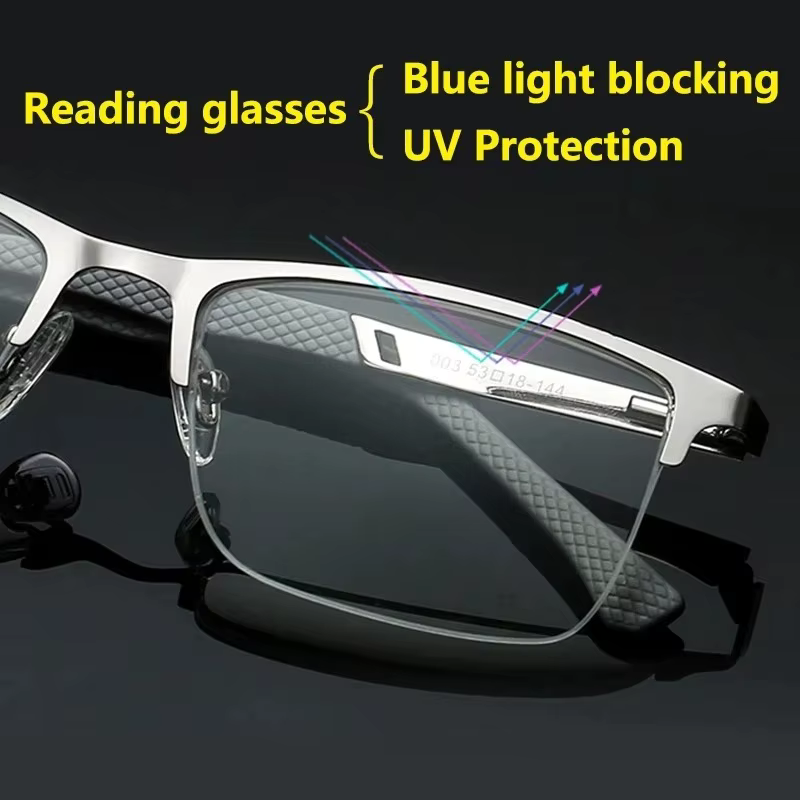 Lunettes de lecture demi-monture en métal pour hommes, monture de lunettes bloquant la lumière bleue