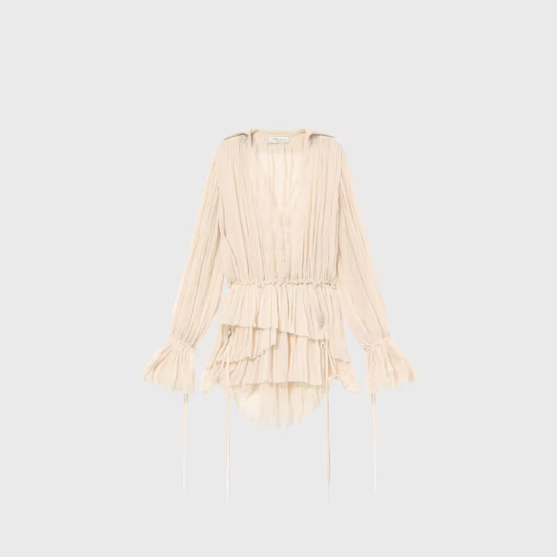 Chemisier femme beige à dentelle, col en V, manches longues, ourlet étagé à volants, en mousseline f
