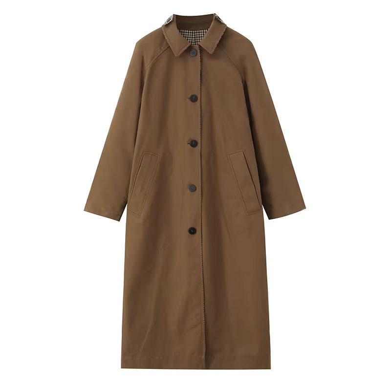Vestes longues à carreaux Double face pour femmes, Trench-Coat à manches longues et simple boutonnag