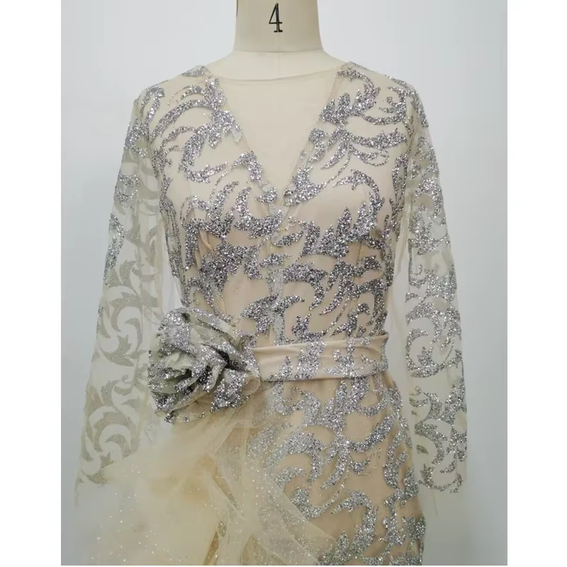 Lugentolo-Robe de soirée à paillettes pour femmes, nœud mince, manches longues, col rond, maille élé