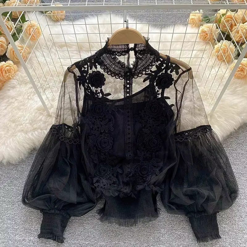 Dentelle bouffée à manches longues Blouse Vintage mode Blouses élégant Femme Blusas coréen Femme hau