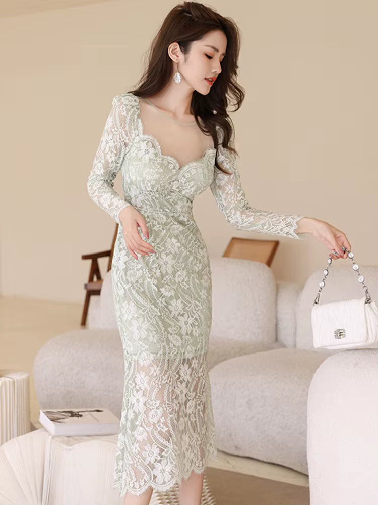 Robe maxi en dentelle transparente pour femme, robe de soirée, robe de vacances, dentelle transparen