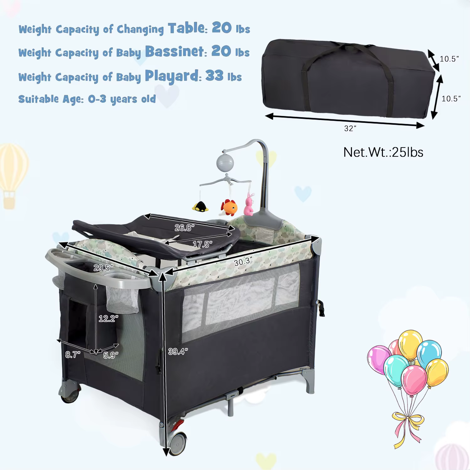 Pack n Play Playard portable avec couffin, berceau de voyage pour bébé avec table à langer, lit de p