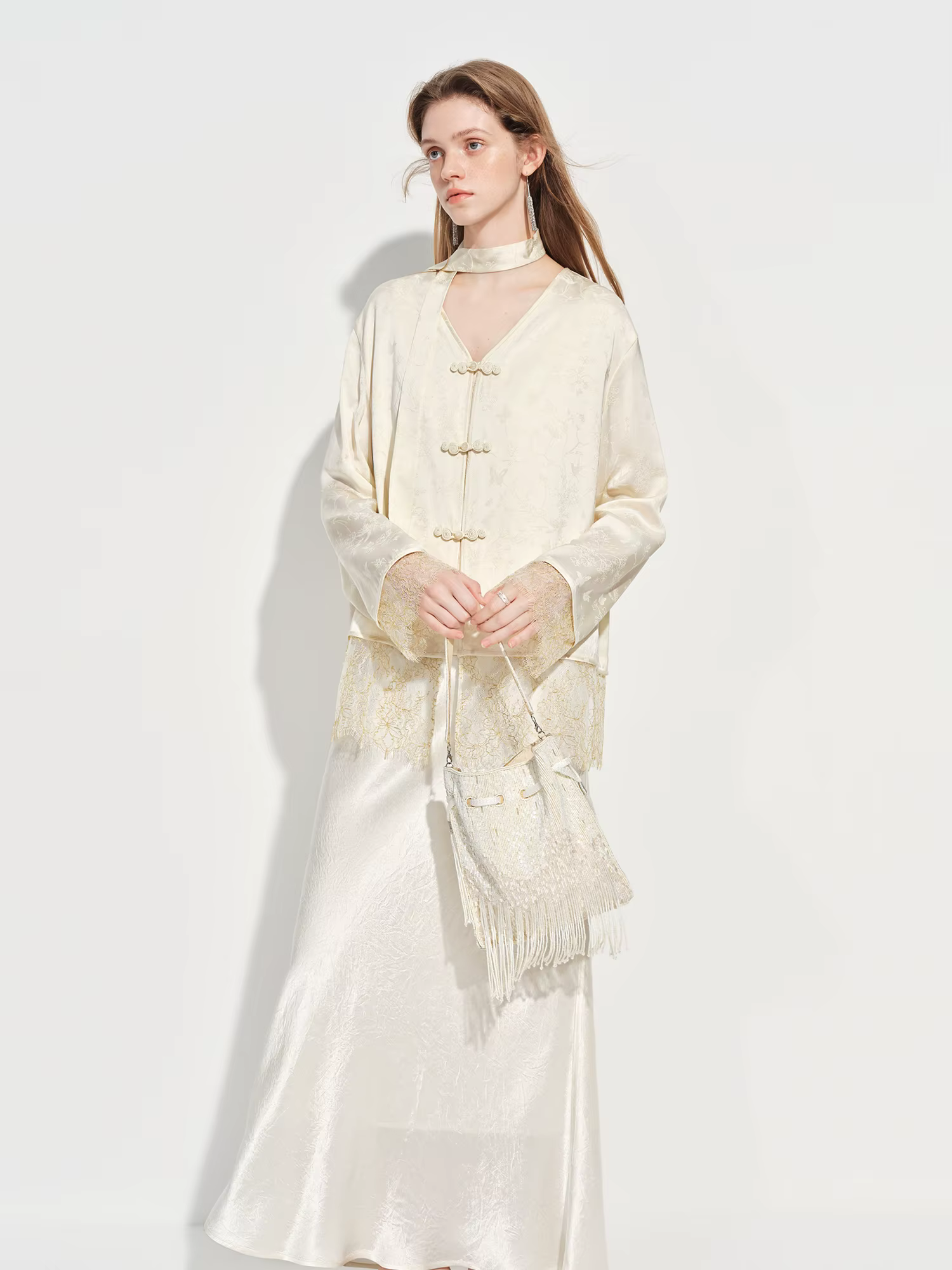 FSLE Nouvelle Blouse Femme en Satin Jacquard d'inspiration chinoise, Col en V, Fermeture à Boutons,