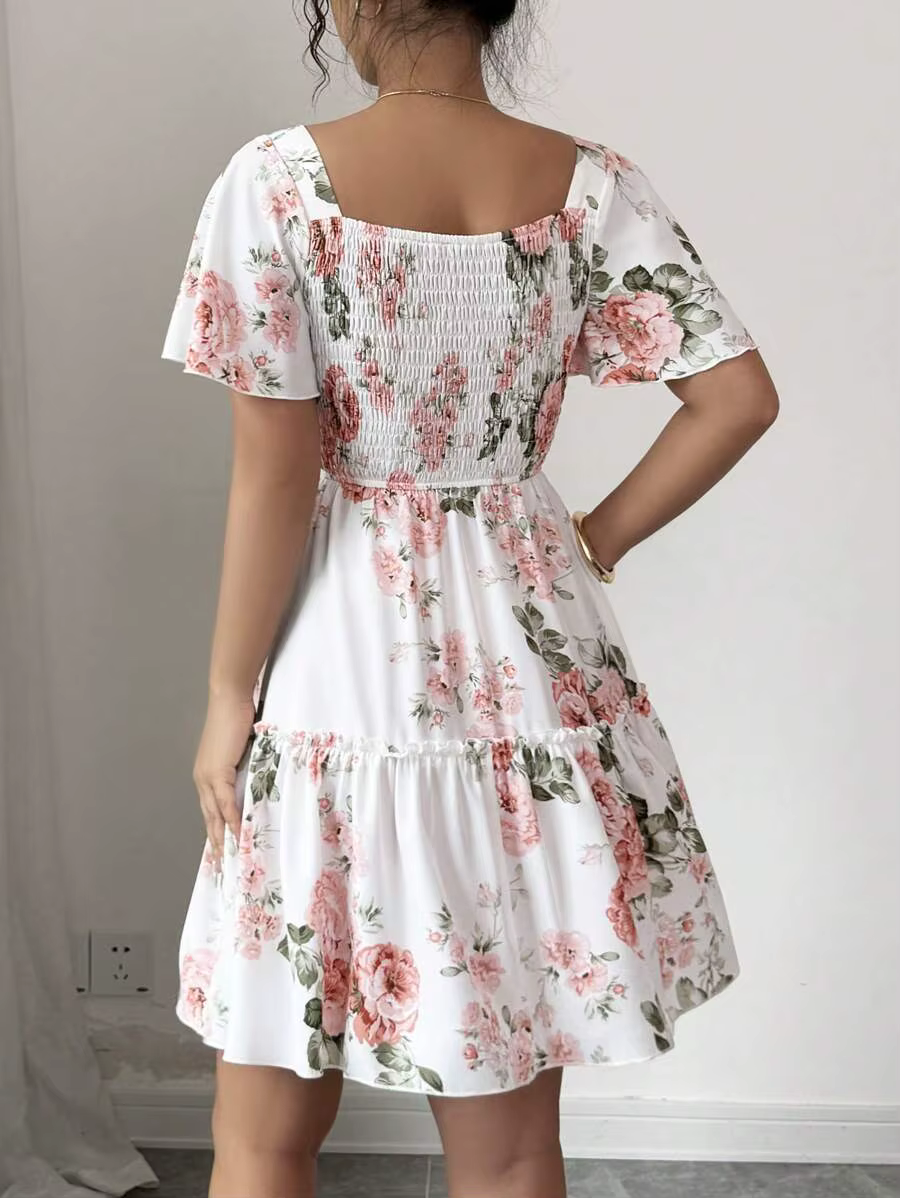 Robe décontractée à manches courtes pour femmes, imprimé floral, avec ceinture et ourlet à volants, 