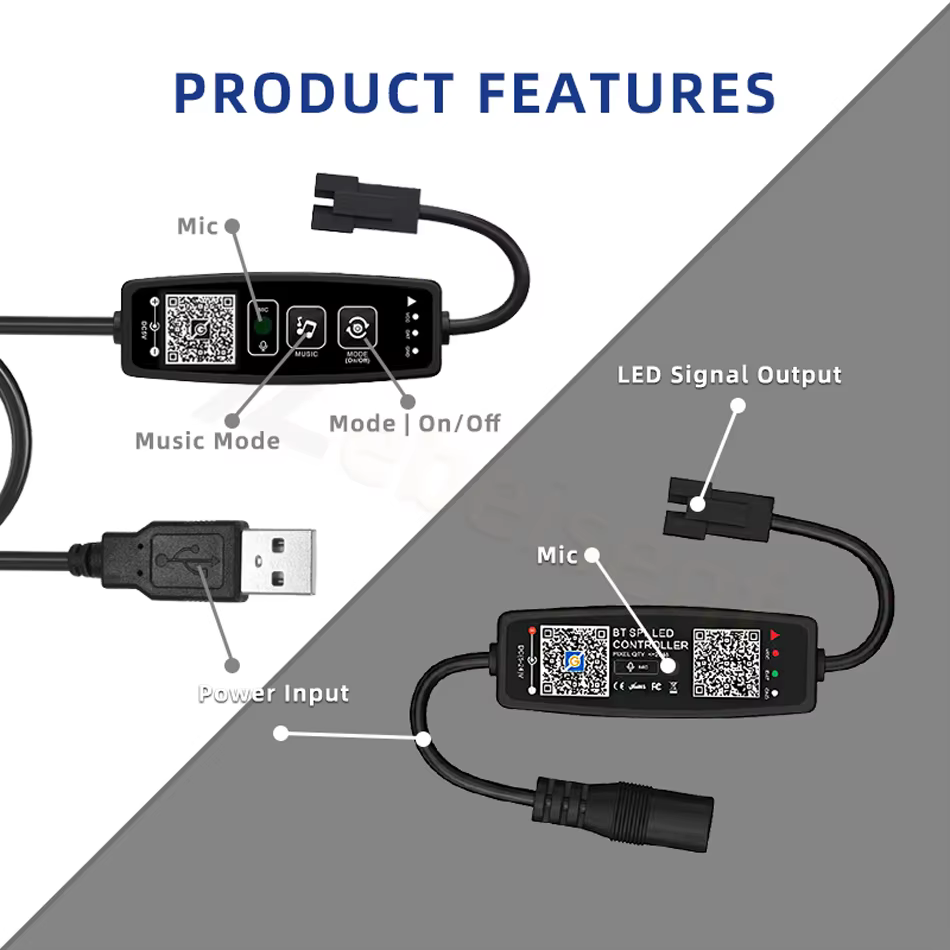 Contrôleur de musique LED DC/USB Bluetooth SPI 5V 12V 24V 2048 pixels, application intelligente, var