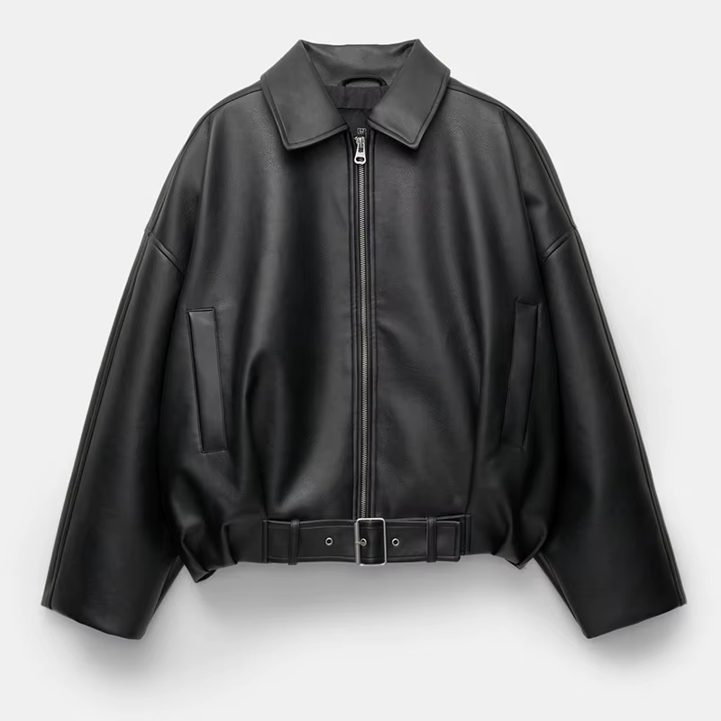 Veste en cuir tendance pour femme, blouson bomber vintage en similicuir, fermeture éclair unie, col 