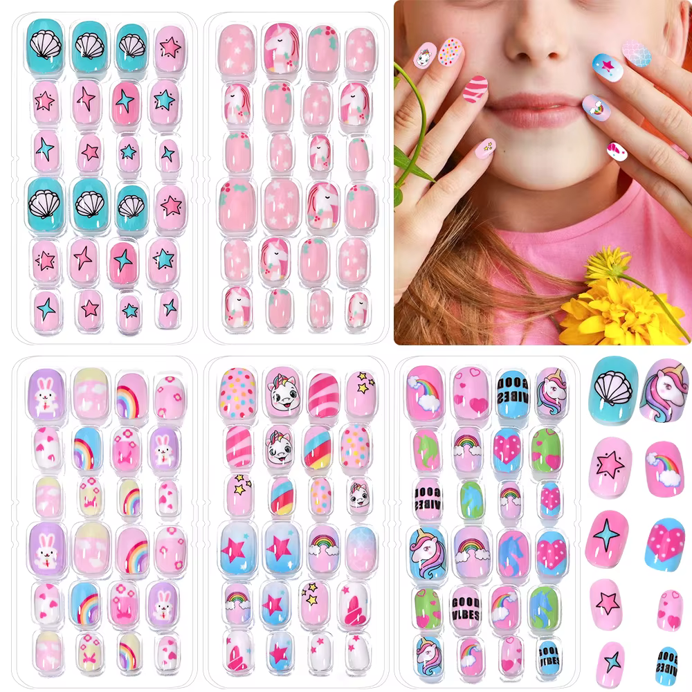120 pièces/boîte rose dessin animé enfants presse sur ongles couleur bonbon licorne chat lapin enfan