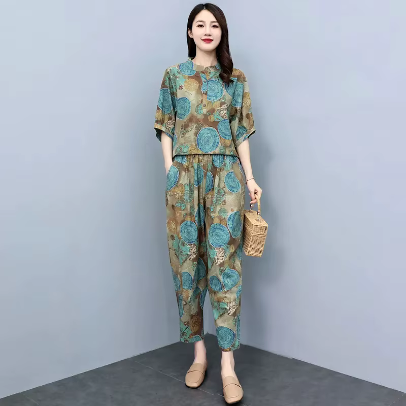 Costumes d'été pour mères d'âge moyen, nouvelle mode, réduction de l'âge, pantalon Harun, ensemble e