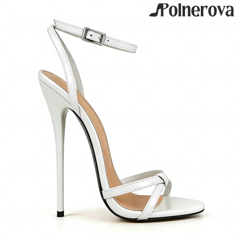 Sandales à talon laqué de 16 cm, style concis, bout rond ouvert, talons hauts, bride de cheville, bo