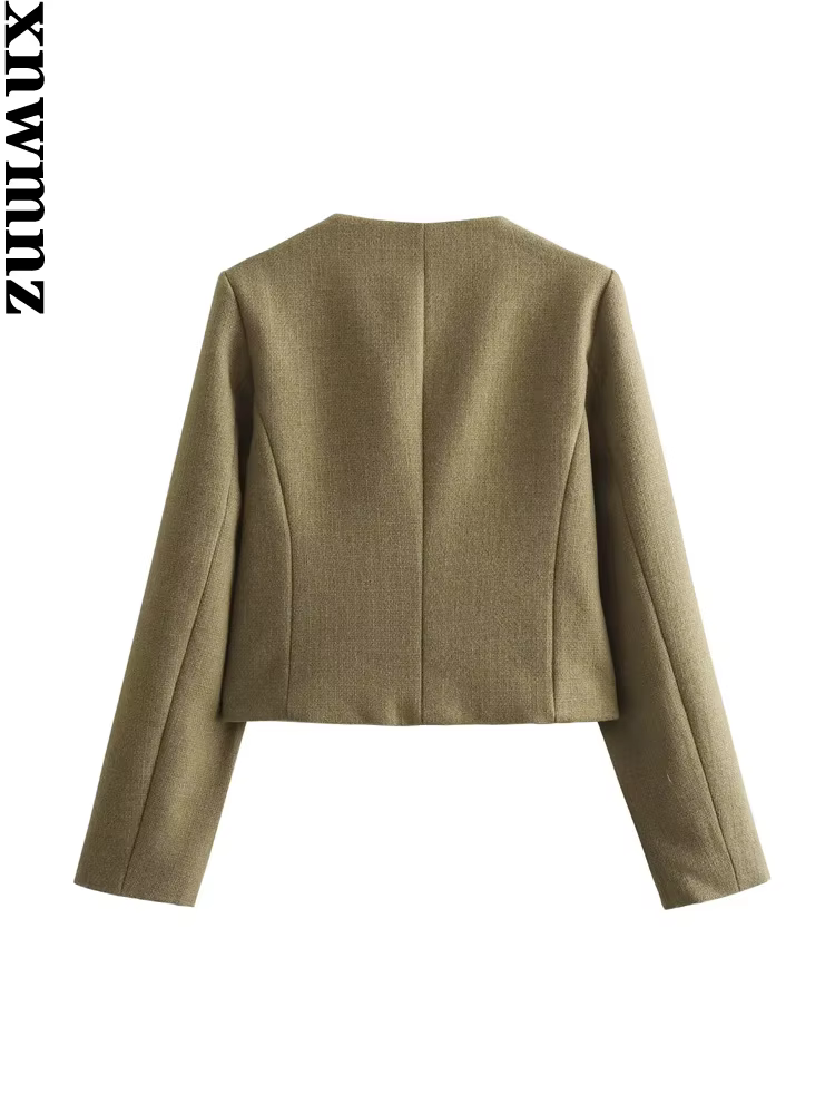 XNWMNZ-Veste courte vintage à col rond pour femme avec poche à rabat, blazer femme polyvalent, manch
