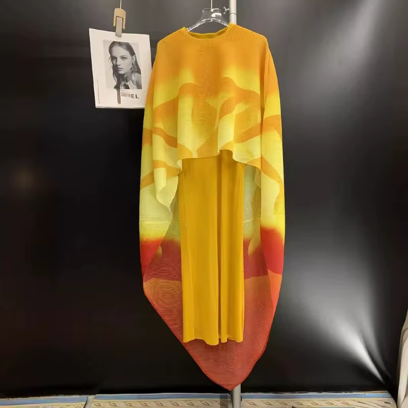 Ata Yake-Jupe longue et élégante pliée pour femmes, jupe de tempérament, châle imprimé à col rond, e