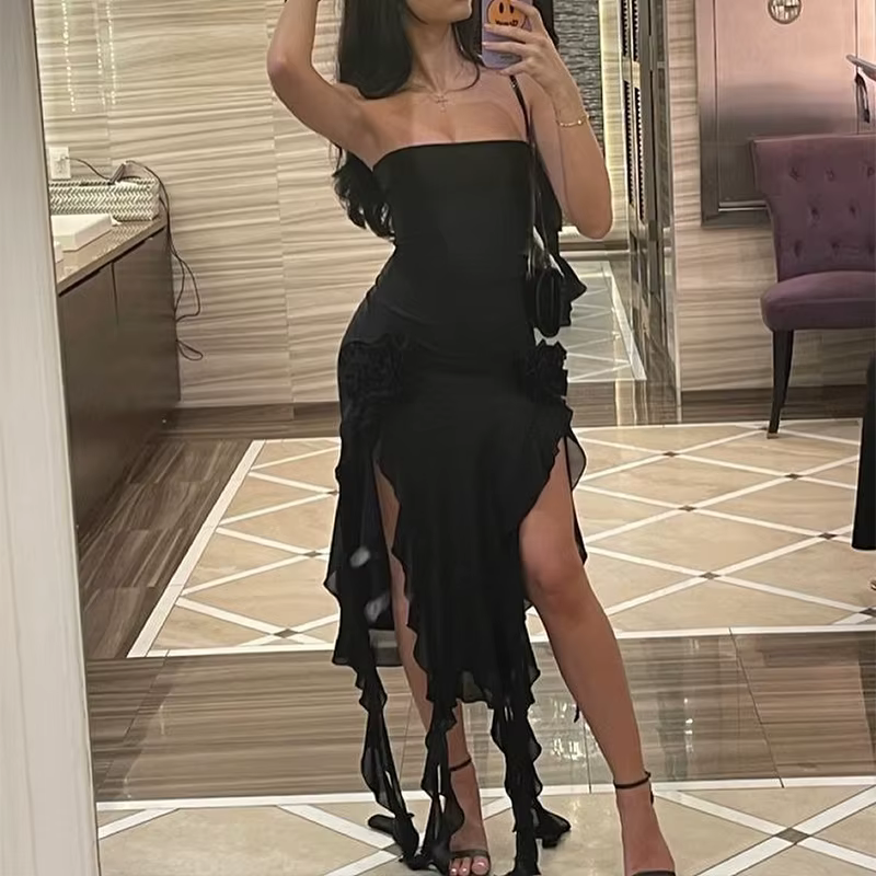 Mini robe sans bretelles pour femmes, Sexy, ourlet pliable, fente haute, couleur unie, dos nu, sans 