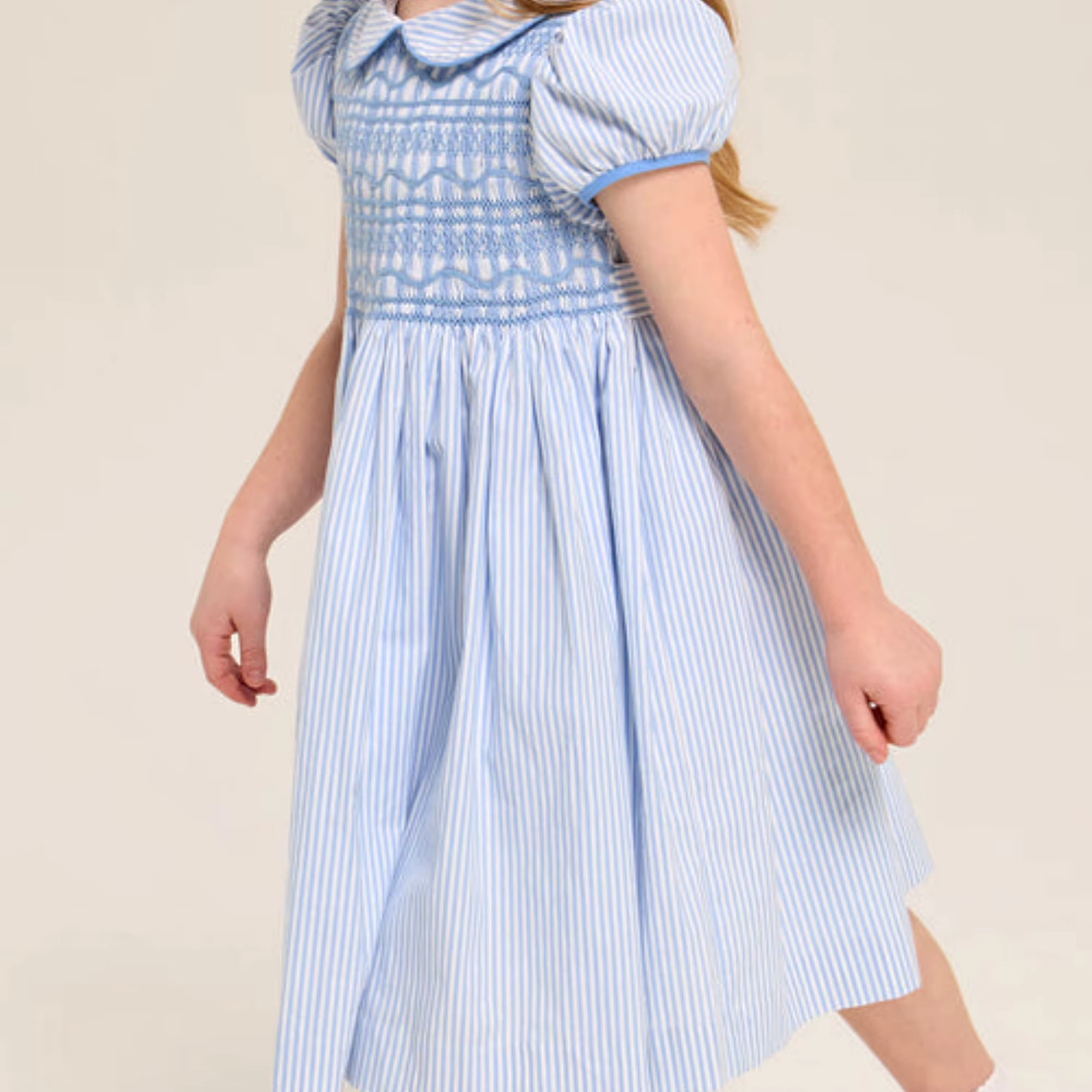 Robe à rayures bleues et blanches pour filles, col Peter Pan smocké à la main, manches courtes, vête