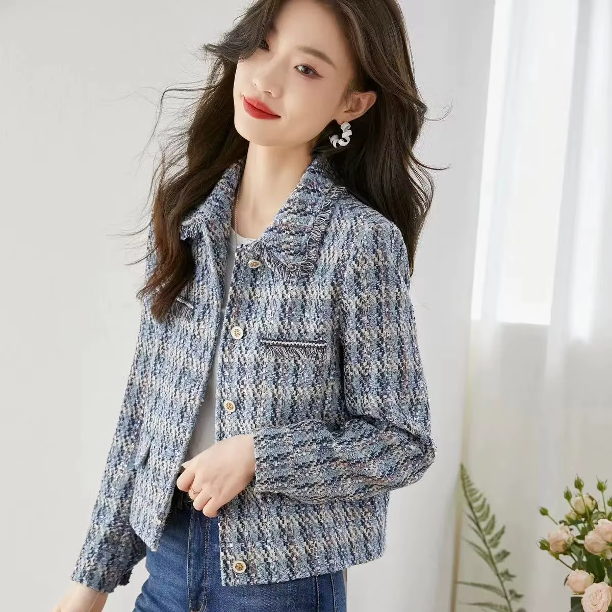 Manteau court en tweed LatejTweed pour femme, vestes à manches longues, revers classique élégant, ve