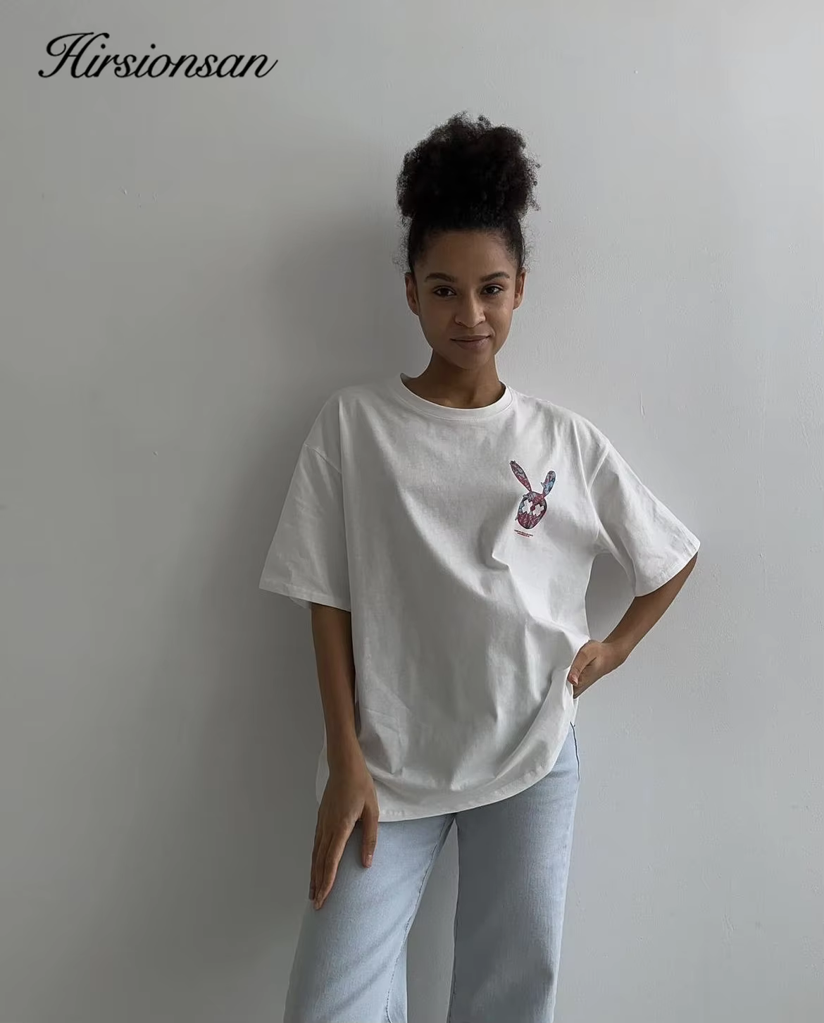 Hirsionsan-T-shirt imprimé Kawaii pour femme, 100% coton, col rond, vintage, basique, décontracté, c