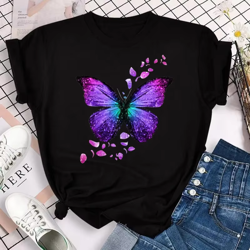 Nouvelle mode femmes T-shirt coloré papillon pétale imprimé à manches courtes et col rond mignon gra