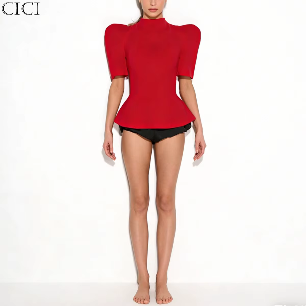 Haut Peplum Femme CiCi Col Montant Manches Courtes Bouffantes Silhouette Structurée Élégant Tenue de