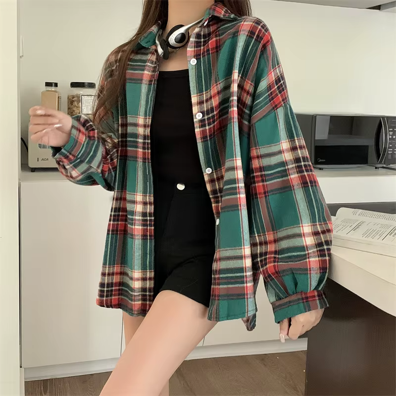 Chemise à carreaux pour femmes, haut à manches longues, Vintage, mode, simple boutonnage, Style Prep
