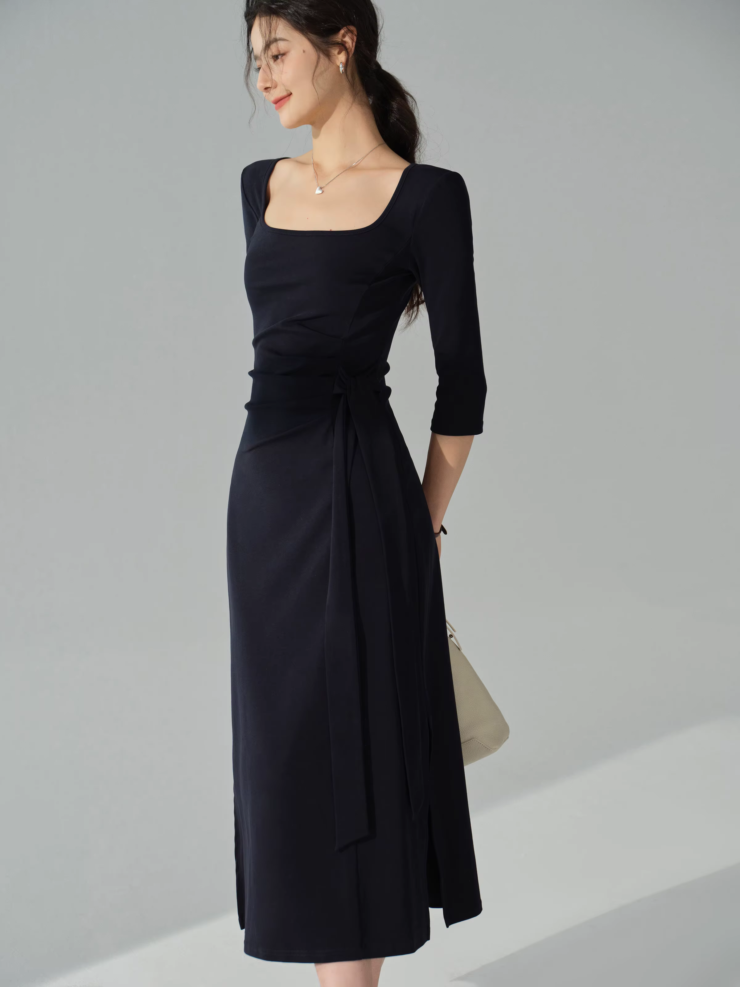 Robe mi-longue française élégante, Vintage, col carré, manches longues, coupe cintrée, cravate à la 