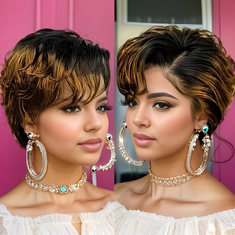 Perruque Lace Front Wig naturelle transparente, cheveux humains, coupe Pixie, ondulée naturelle, cou