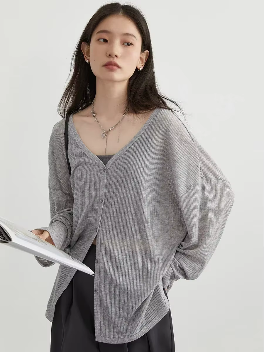 Cardigan léger à col en V et manches longues pour femme, veste de protection solaire printemps-été-a