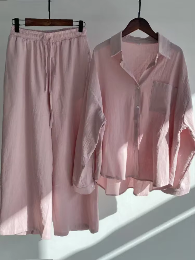 Costume chemise en coton et lin pour femmes, nouvelle tendance, taille haute, pantalon ample, ensemb
