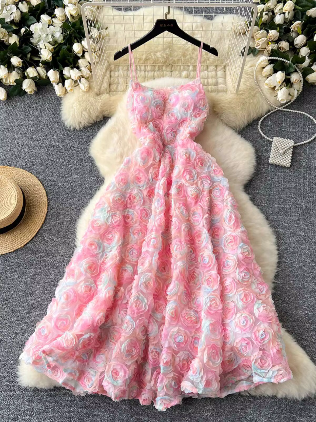 JAMERARY-Robe rose fleurie 3D pour femme, mini robe de Rhde luxe, style palais, vacances de célébrit