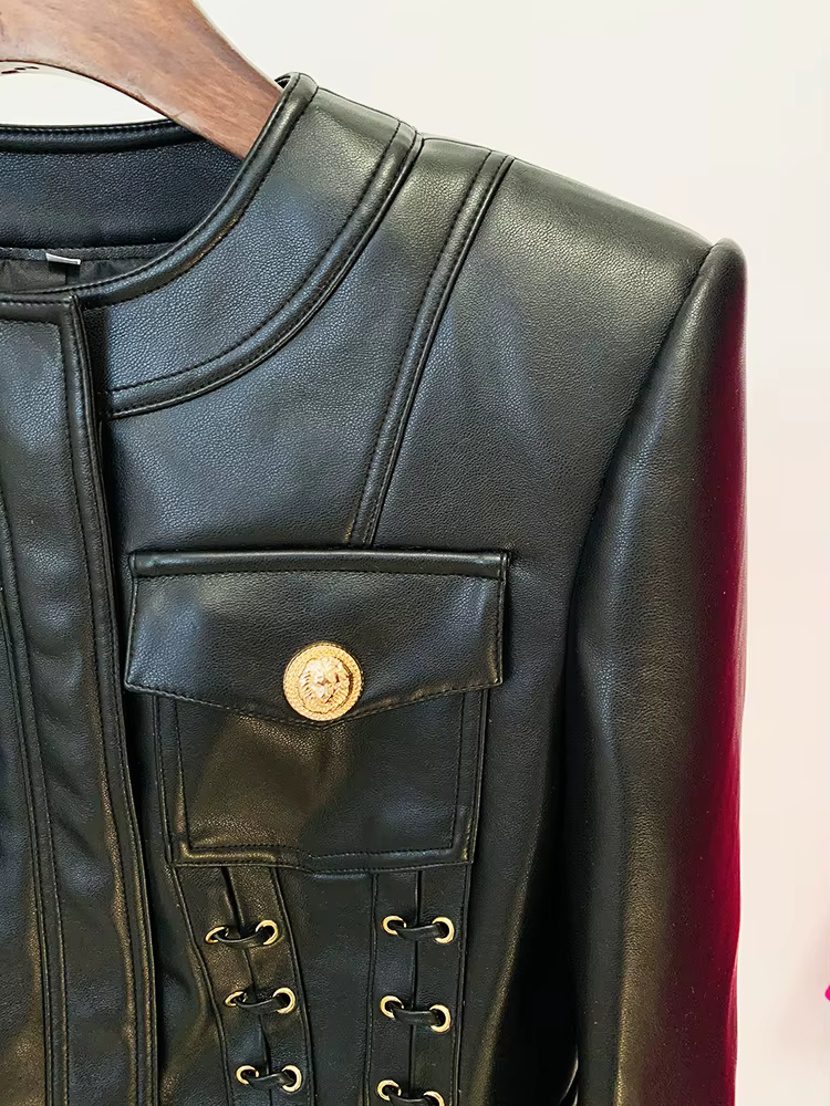 HIGH STREET Nouvelle Collection 2026 Blazer de Créateur pour Femme en Similicuir à Col Rond et Détai