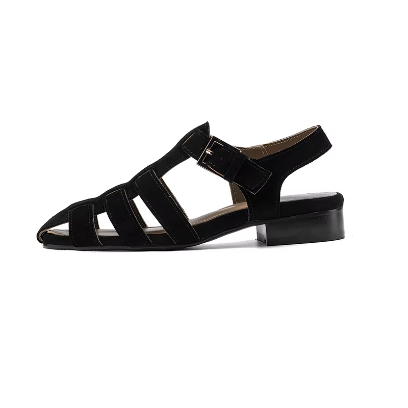 Sandales de pêcheur tendance SmallHut Nouveauté 2026 en daim de vache pour femme, talons bas, noir, 