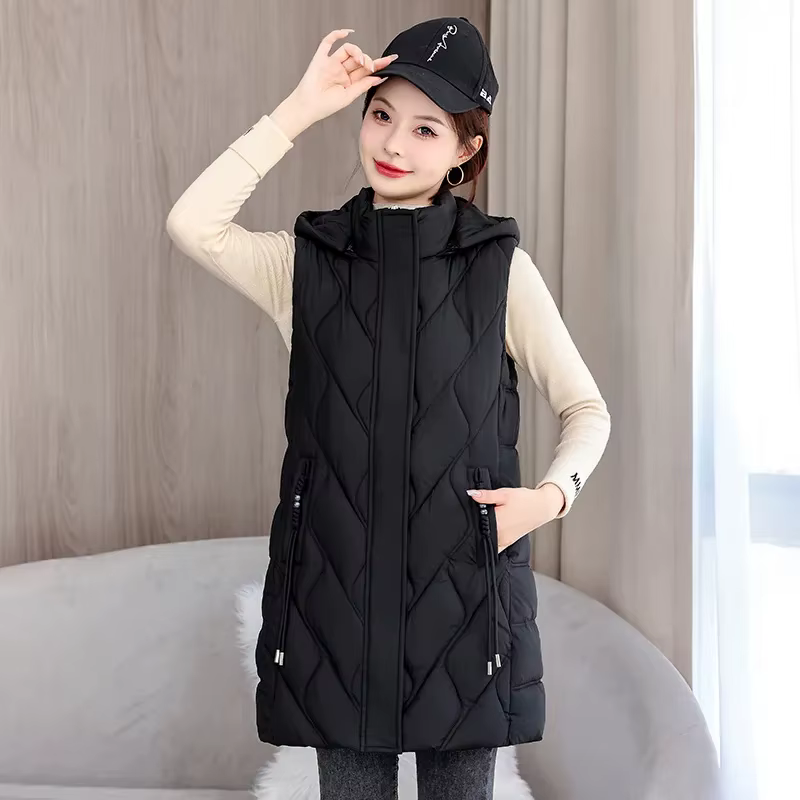 2025 automne hiver mi-long vers le bas coton veste femmes gilet manteau à capuche gilet décontracté 
