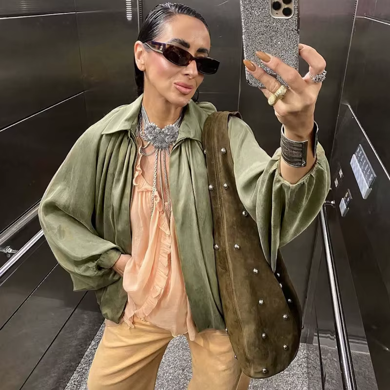 Veste bombardier femme manches longues plis vêtements de rue avec fermeture éclair vert Beige Vintag