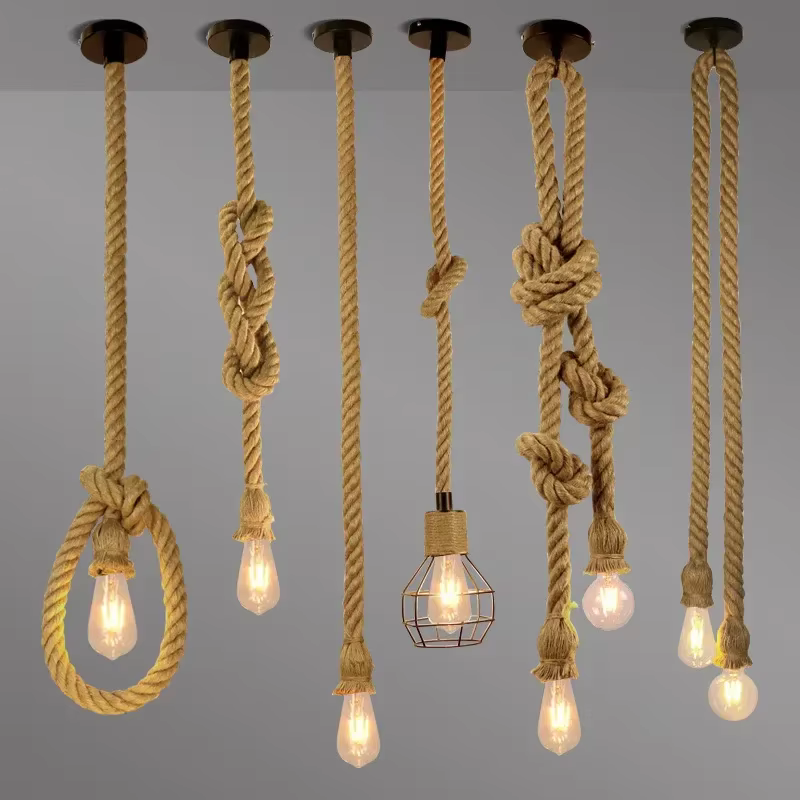 Vintage Sisal chanvre corde cravate suspension lampe suspendue plafonnier Lustre rétro Lustre Loft c
