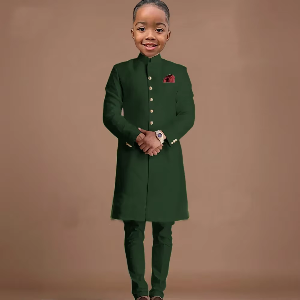 Costumes longs pour garçon, 2 pièces, veste formelle avec pantalon pour mariage, col montant, tenues