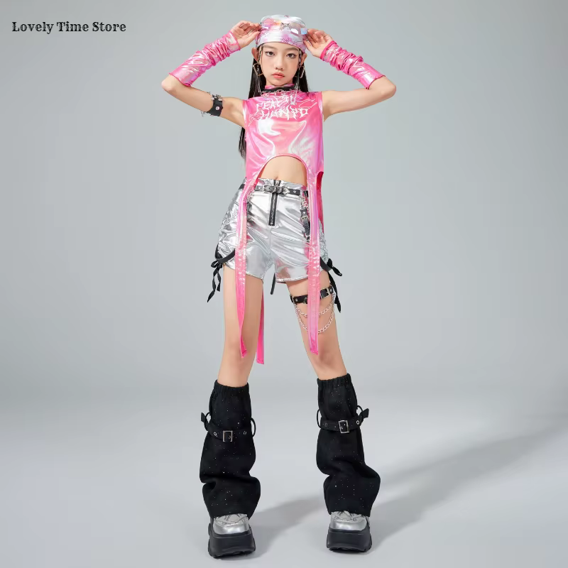 Hip Hop filles doux brillant haut court argent Cargo pantalon enfants k-pop Jazz danse vêtements ens