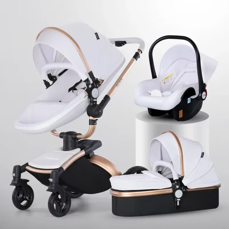 Poussette bébé 3 en 1, landau bidirectionnel de paysage haut, en cuir PU, pliable, absorbant les cho